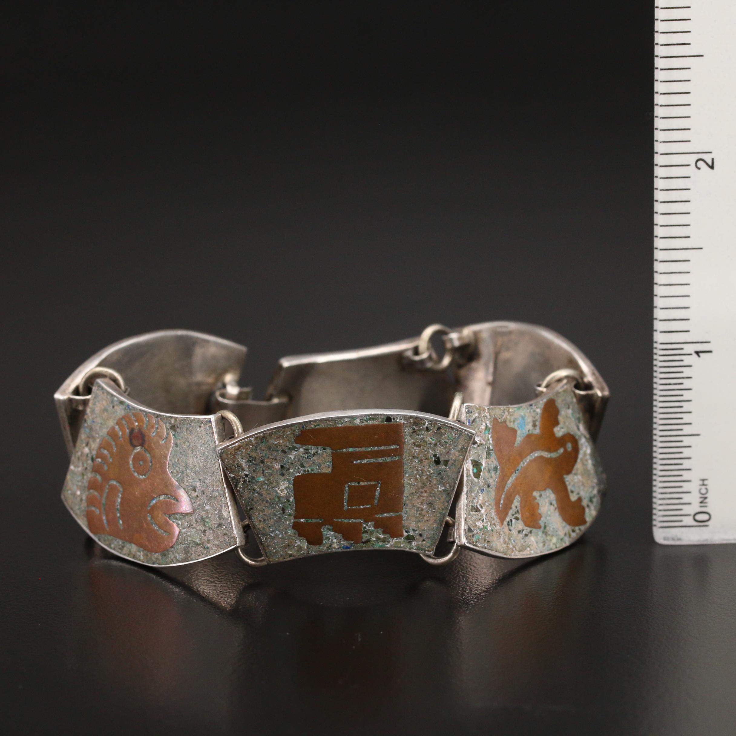 Mexican Sterling Mosaic Inlay Panel Bracelet
