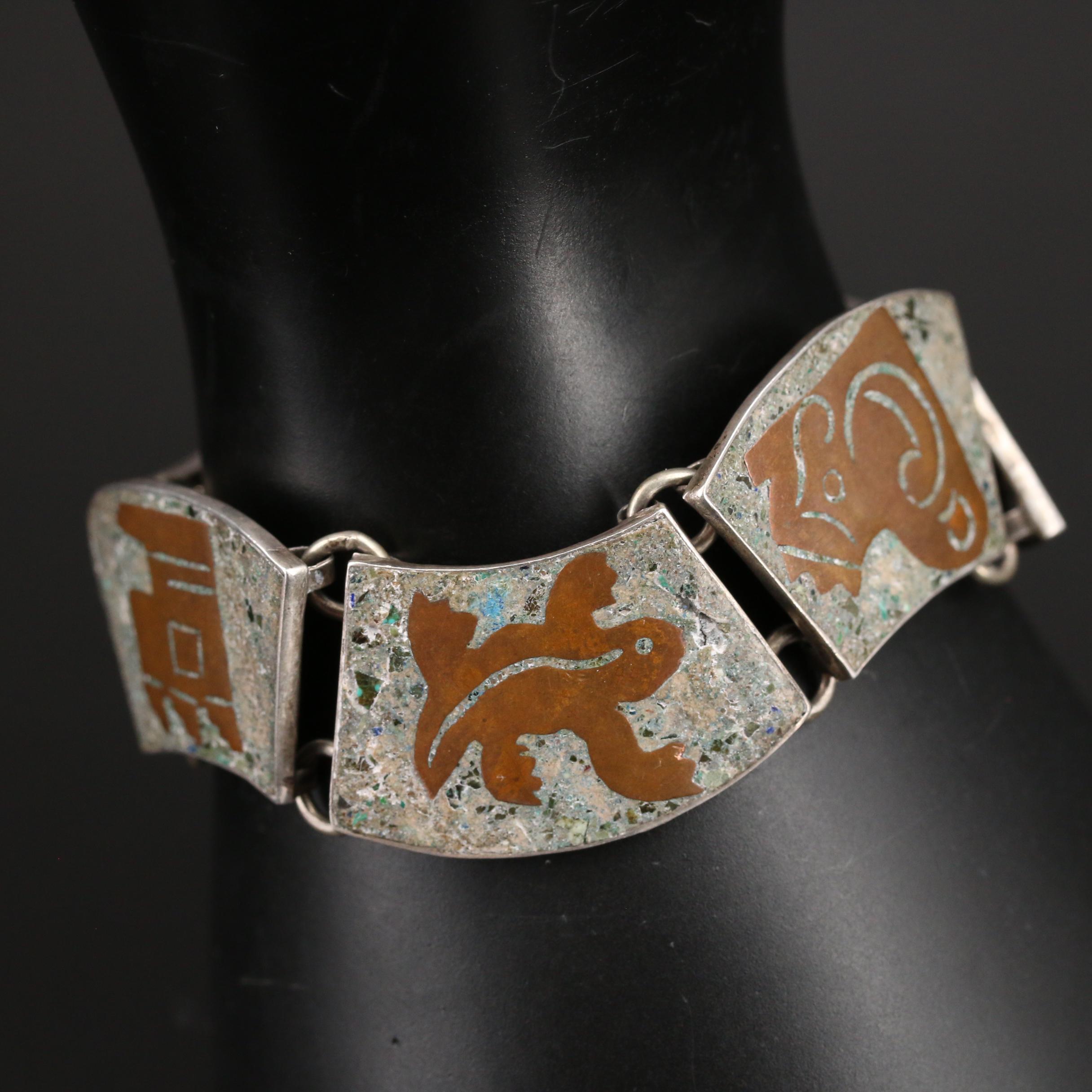 Mexican Sterling Mosaic Inlay Panel Bracelet