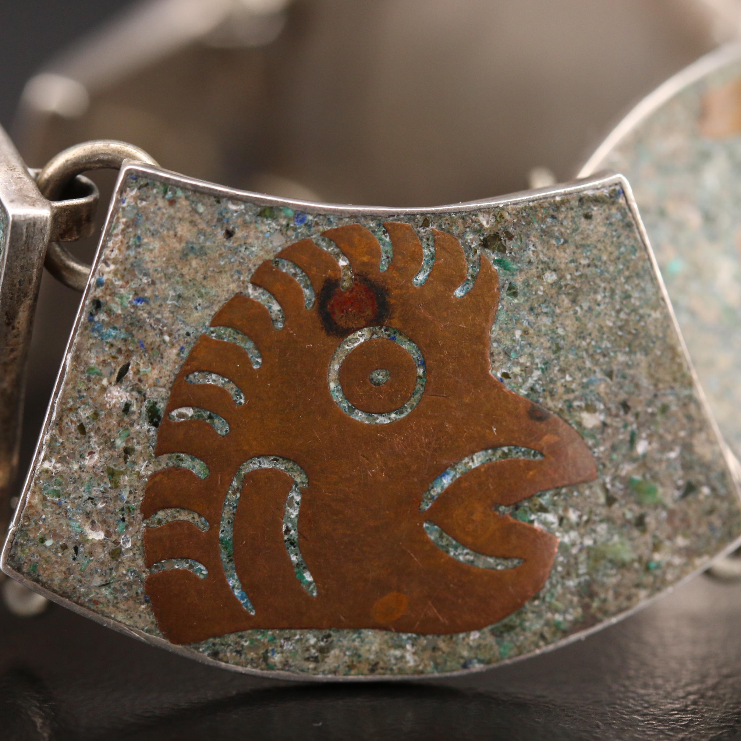 Mexican Sterling Mosaic Inlay Panel Bracelet