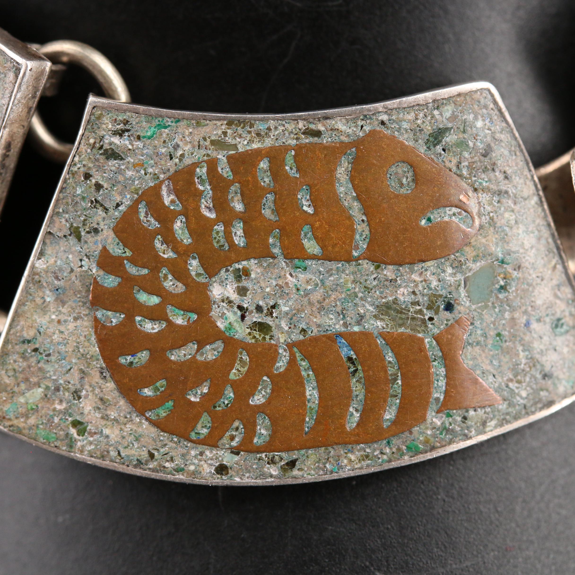 Mexican Sterling Mosaic Inlay Panel Bracelet