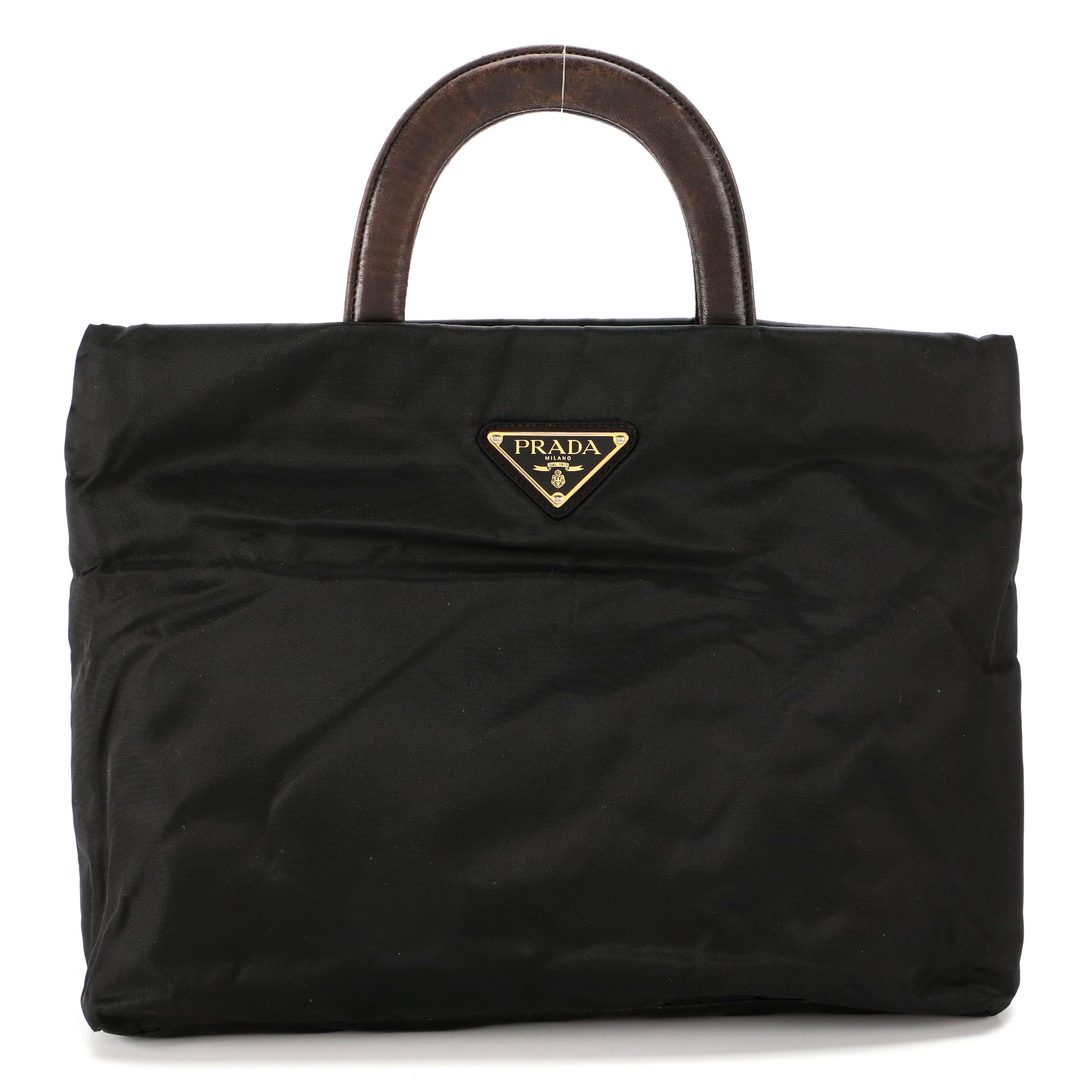 Prada Tote in Black Tessuto Nylon with Brown Leather Handles