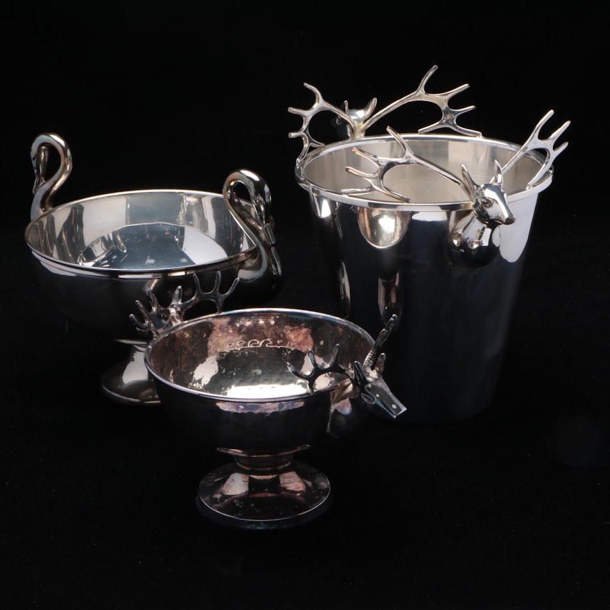 Aluminum and Metal Double Handled Stag, Swan Bowls and Ice Bucket