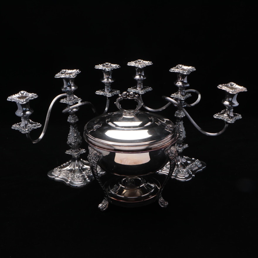 Silver Plate Baroque Style Candelabra with Chafing Serving Dish, Mid-20th C.