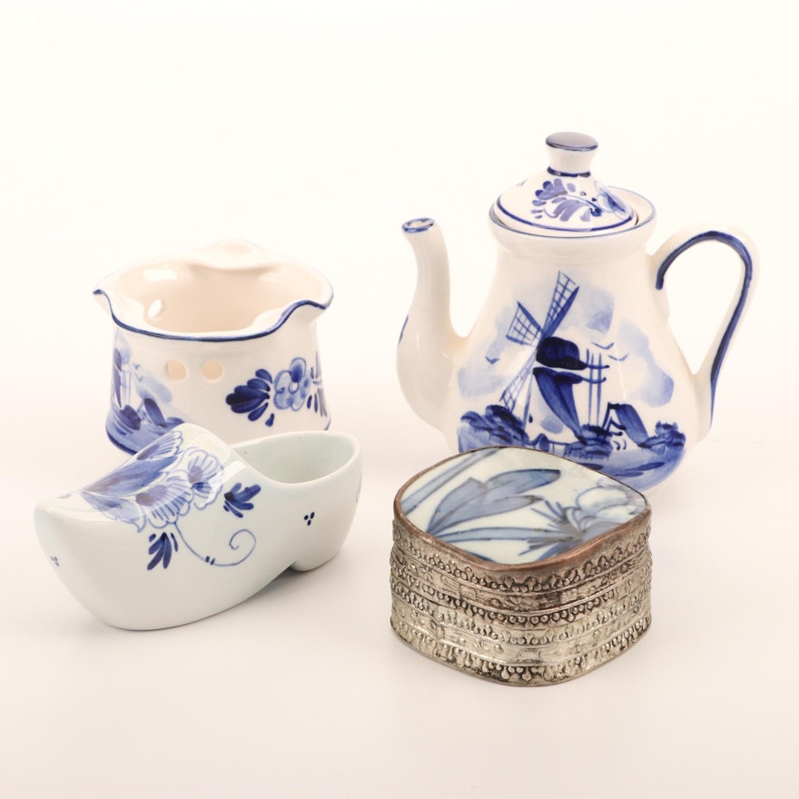 Delfts Porcelain Shoe, Teapot, and Jar and Chinese Porcelain Shard Box