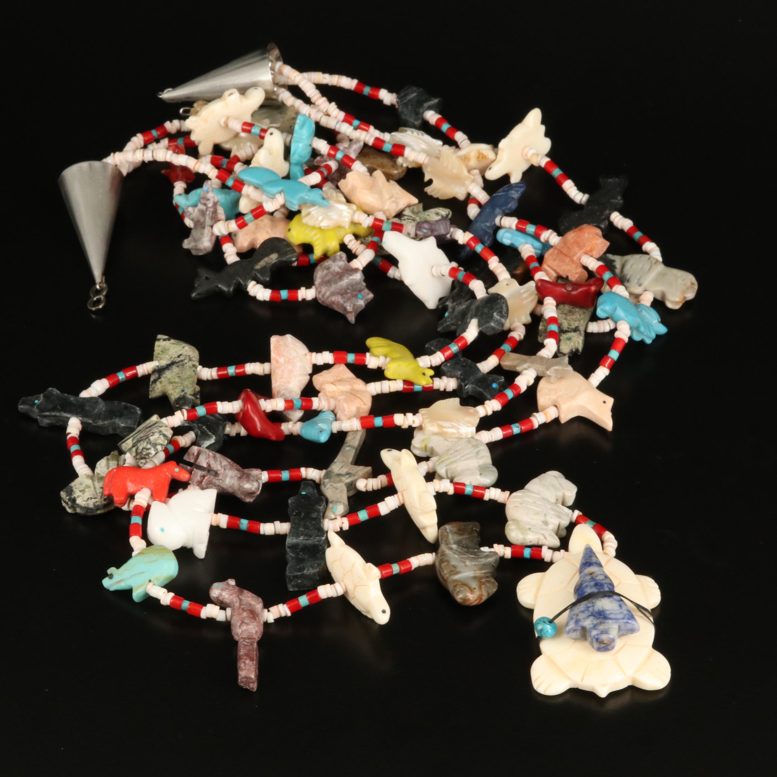 Graduted Triple Strand Fetish Necklace with Bone, Coral and Shell