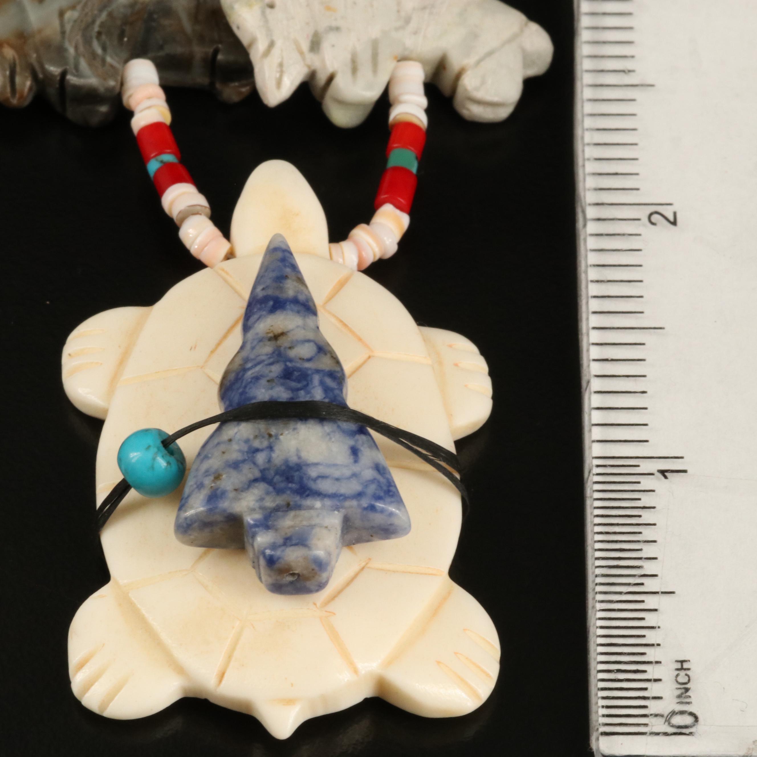 Graduted Triple Strand Fetish Necklace with Bone, Coral and Shell