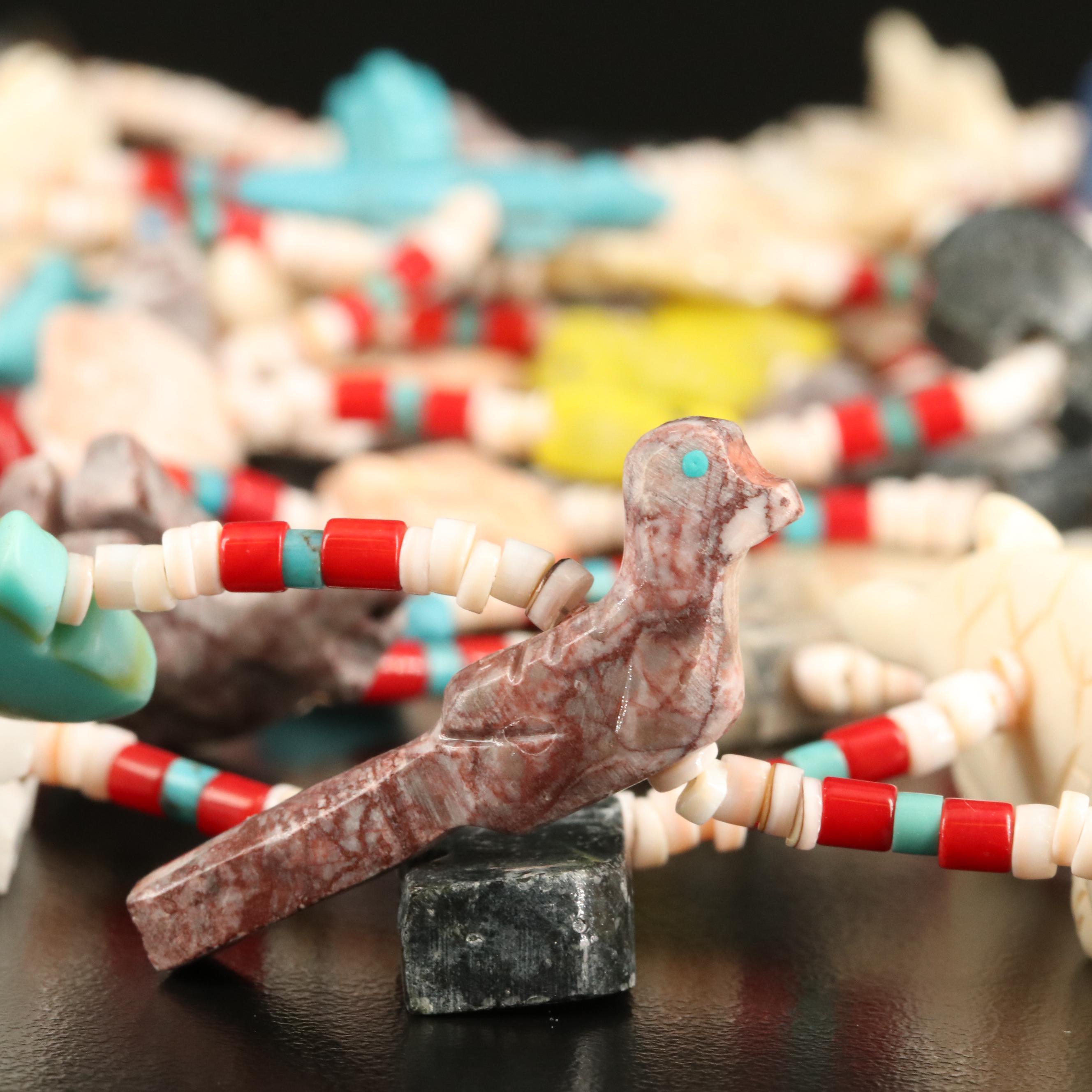 Graduted Triple Strand Fetish Necklace with Bone, Coral and Shell