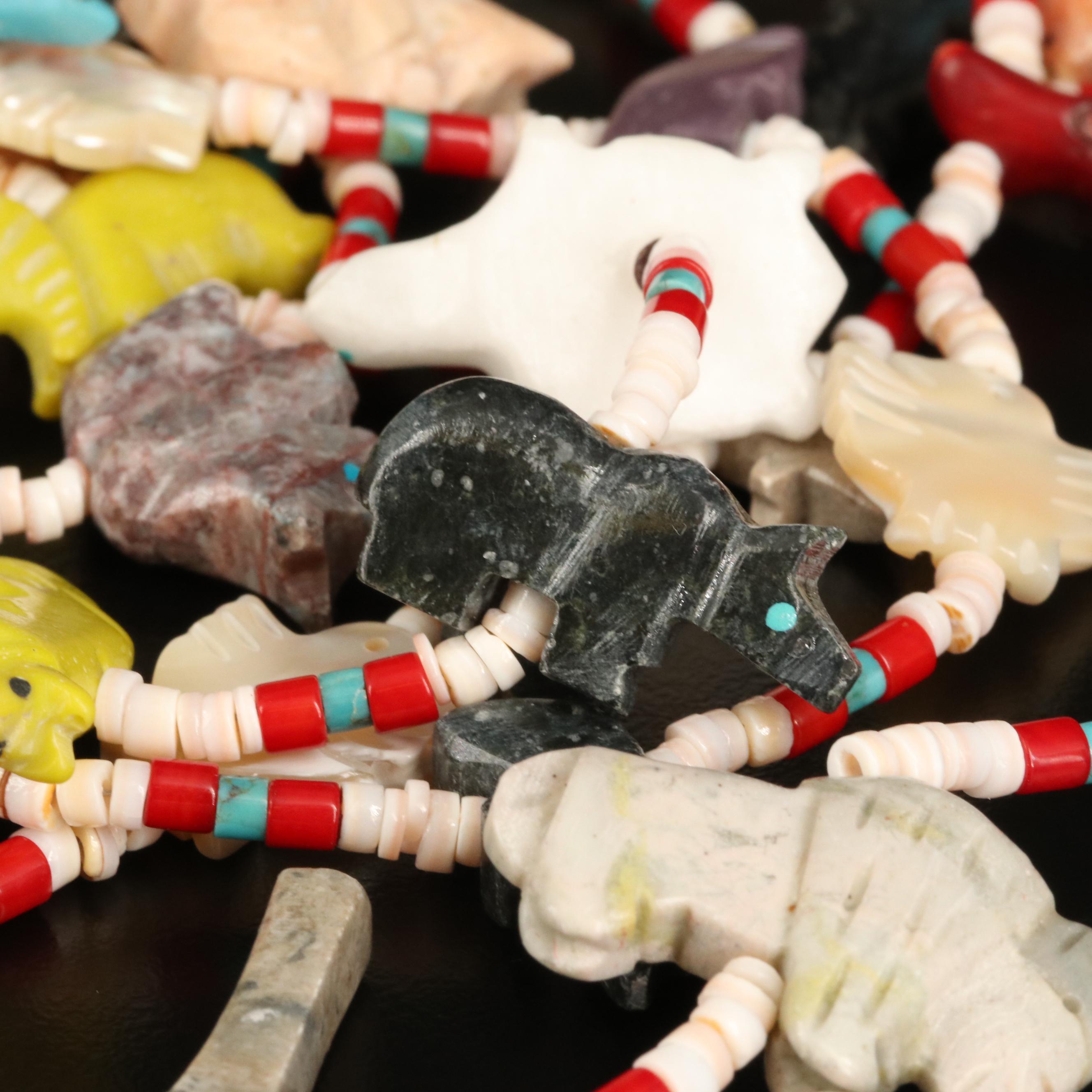 Graduted Triple Strand Fetish Necklace with Bone, Coral and Shell