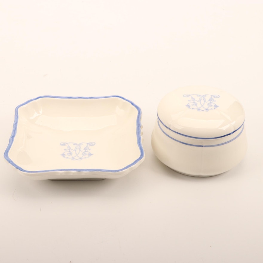Yves Delorme Porcelain Powder Jar and Ring Tray
