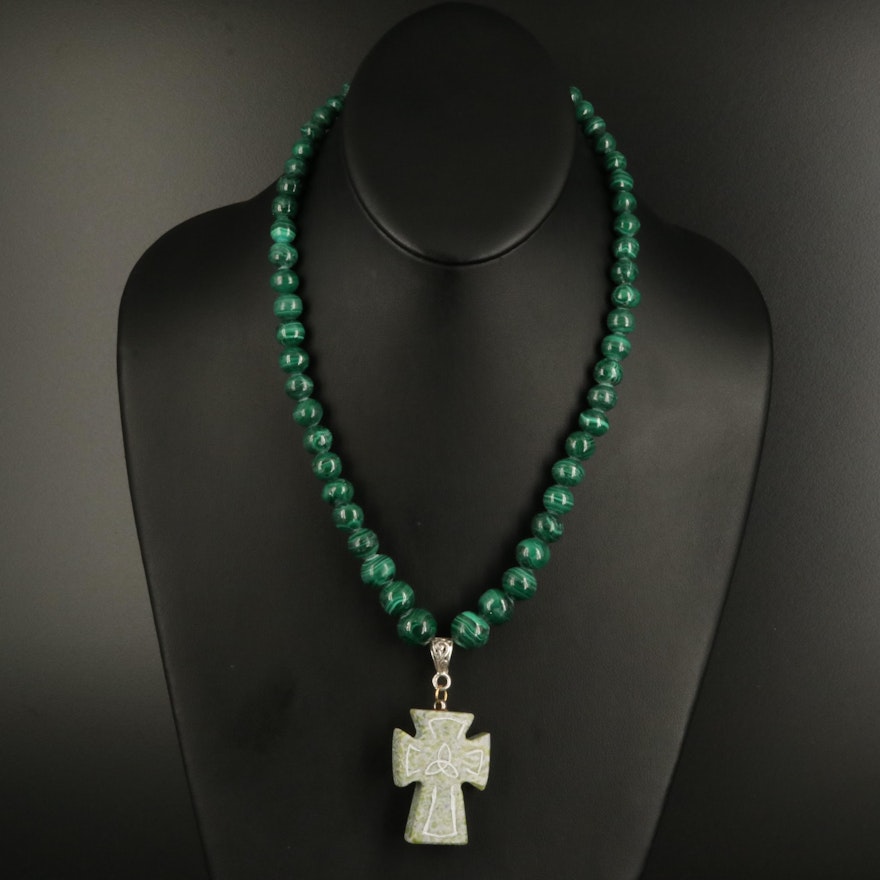 Graduated Malachite Beaded Necklace with Connemara Marble Cross Pendant