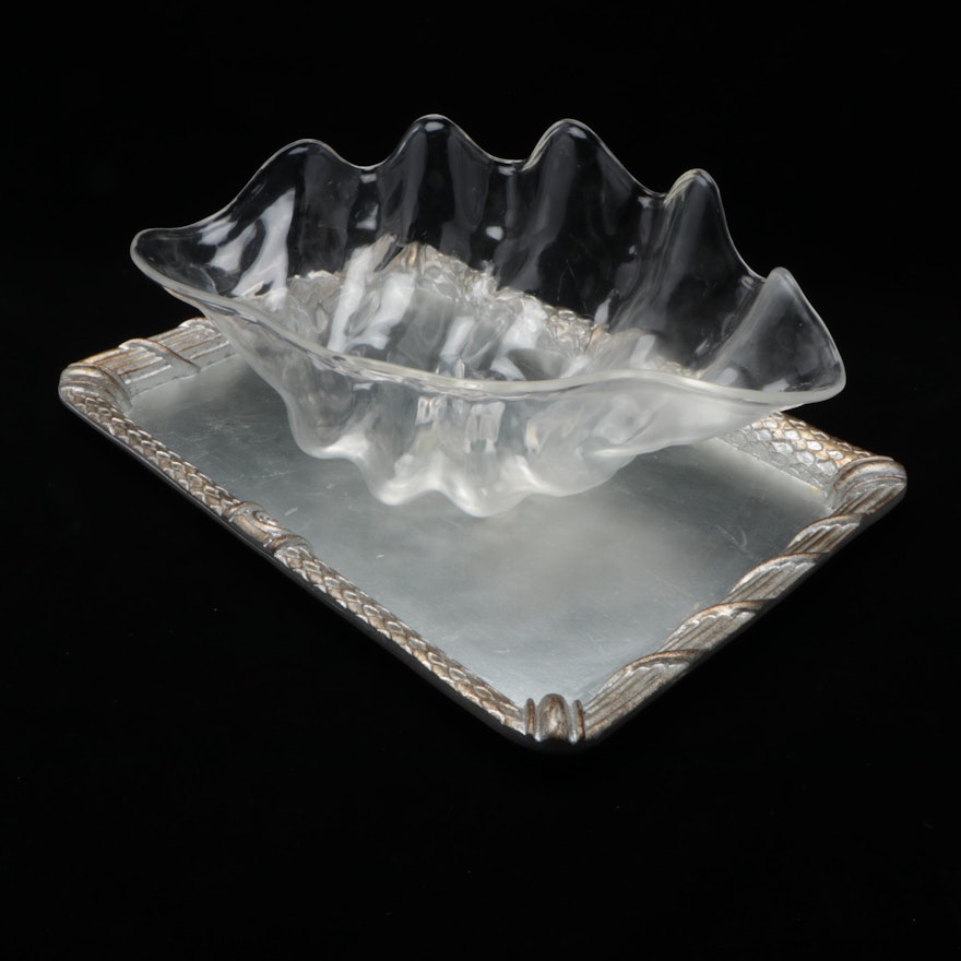 Italian Silvered Metal Service Tray and Acrylic Shell-Shaped Punch Bowl
