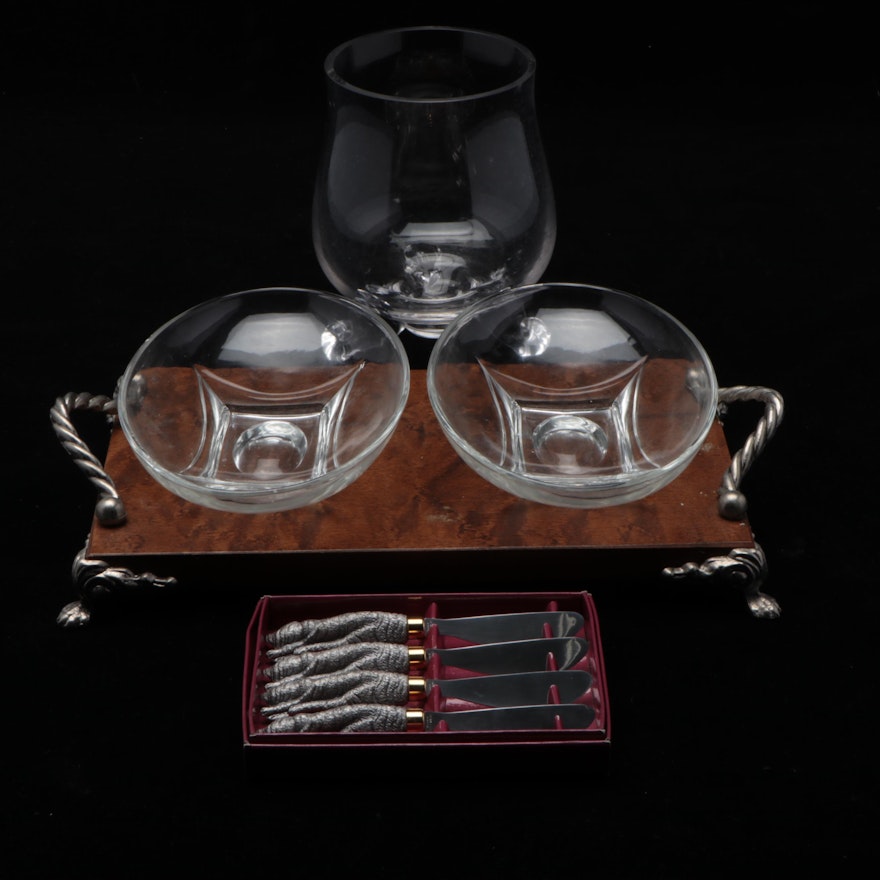 Glass Serving Bowls and Tray with Cat-Handled Cocktail Knives