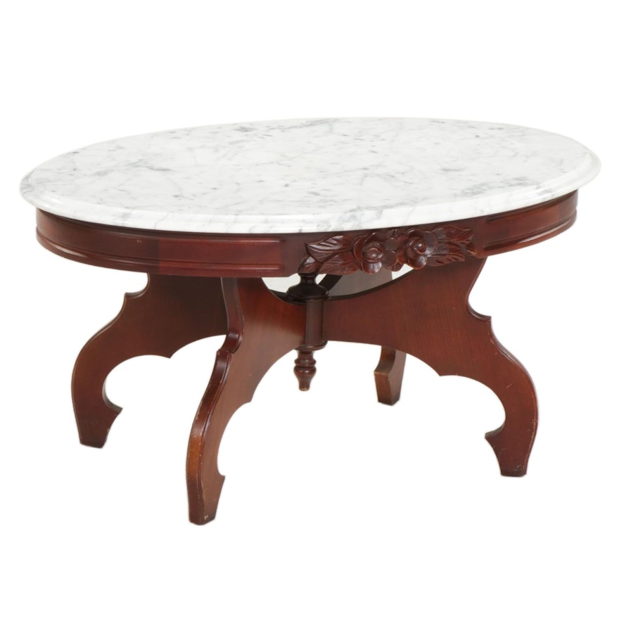 Victorian Style Walnut-Stained Wood and Marble Top Oval Coffee Table