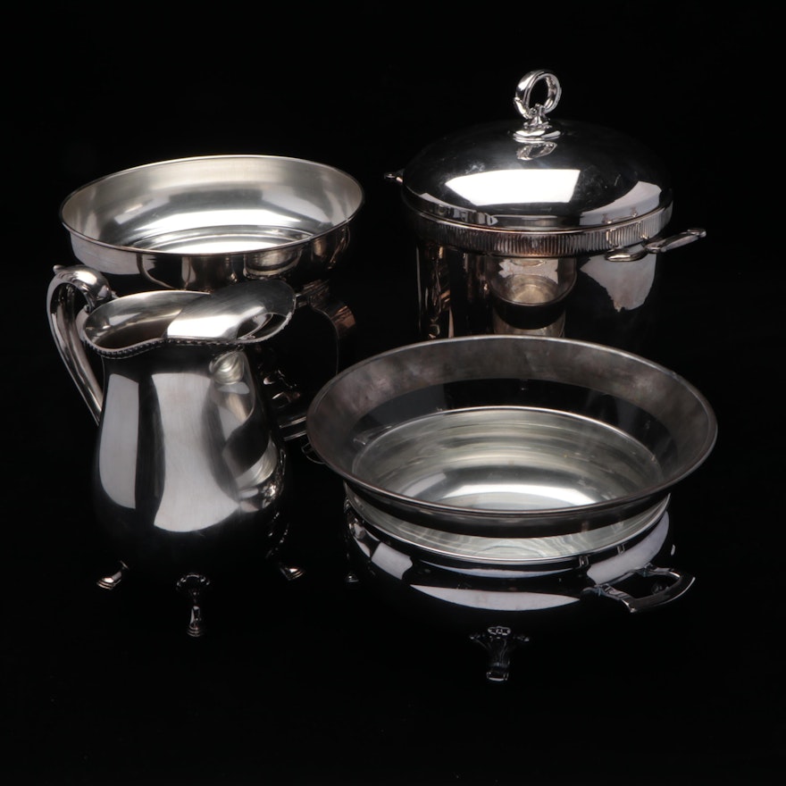 Silver Plate Chafing Dishes, Pitcher, and Ice Bucket