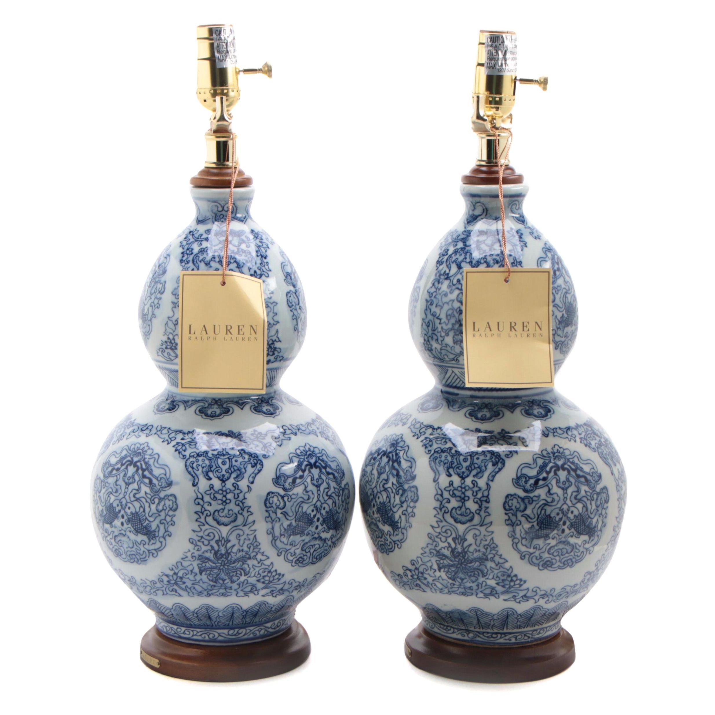 LAUREN Ralph Lauren Blue and White Porcelain Double-Gourd Table Lamps