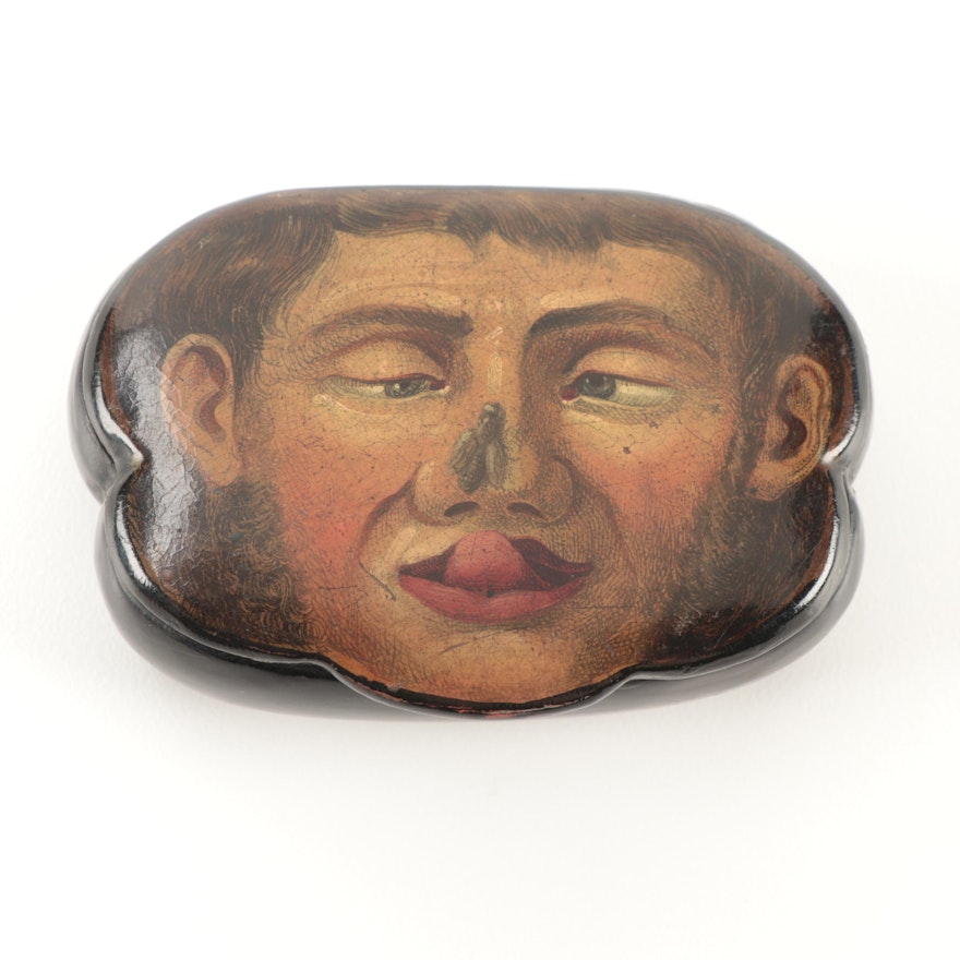 French Hand-Painted Papier-Mâché Character Snuff Box, 19th Century