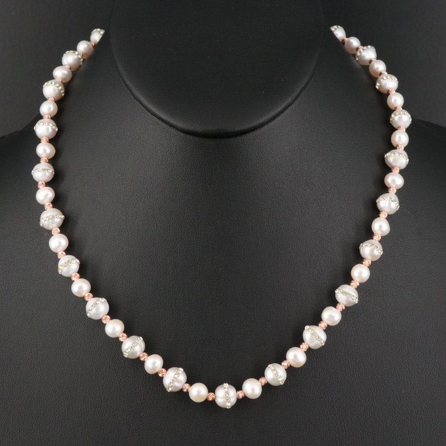 Sterling Silver Pearl and Rhinestone Necklace