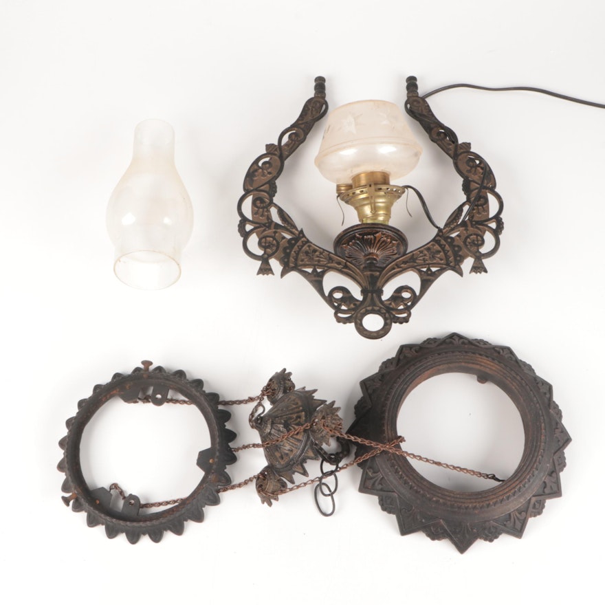 Converted Victorian Cast Iron and Glass Ceiling Pendant Oil Lamp