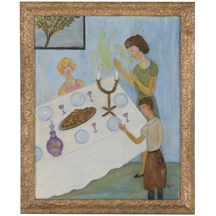 Naive Oil Painting of a Shabbat Scene, Mid-20th Century