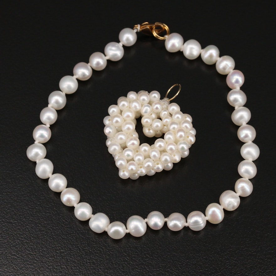 14K Pearl Heart Cluster Pendant and Pearl Bracelet