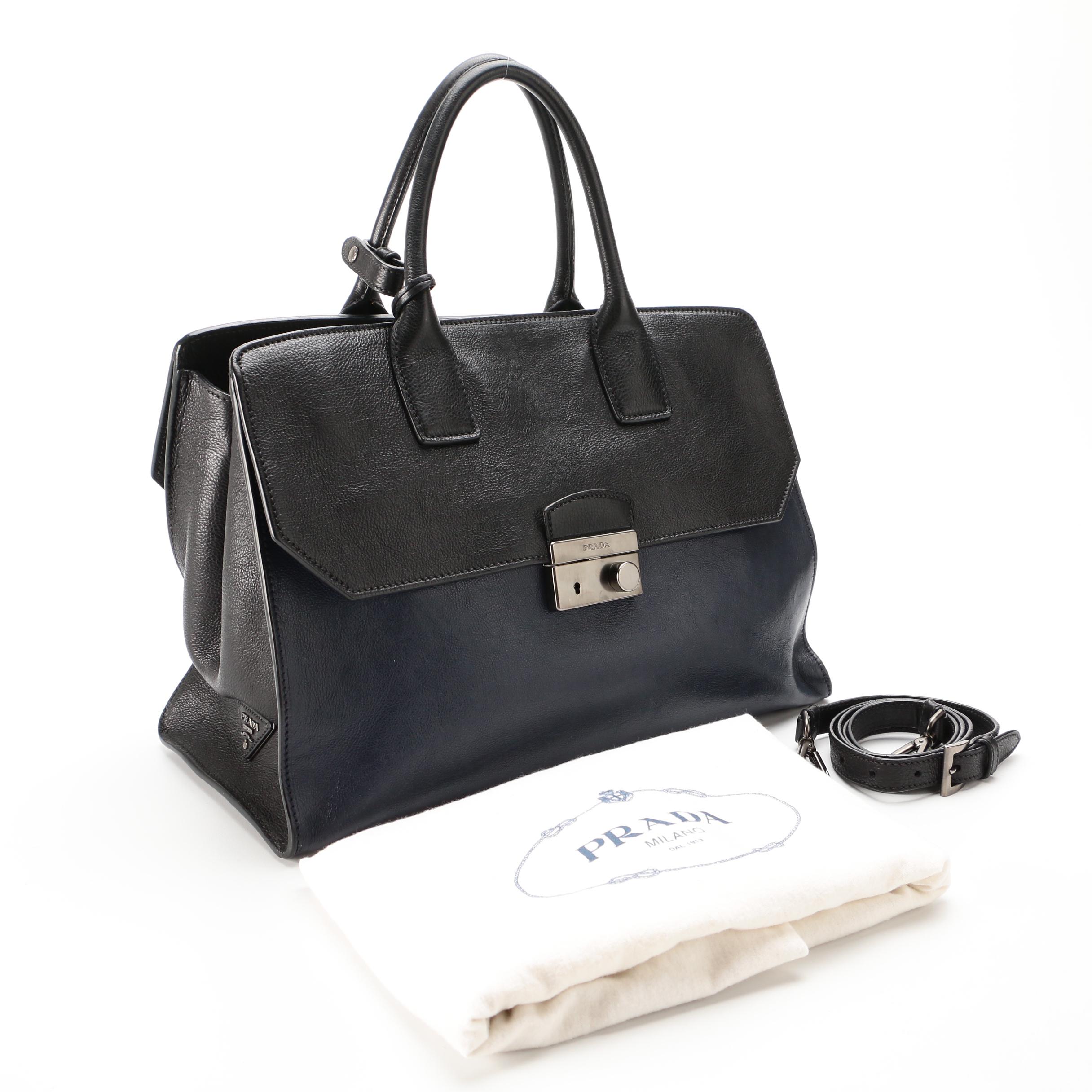 Prada Large Convertible Satchel in Black and Navy Leather