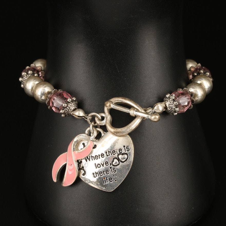 Breast Cancer Awareness Bracelet with Glass and Enamel