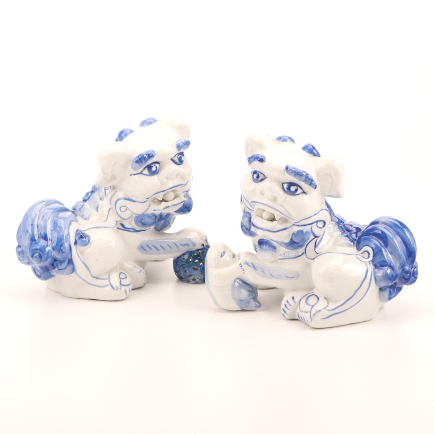 Chinese Hand-Painted Blue and White Ceramic Guardian Lion Figures