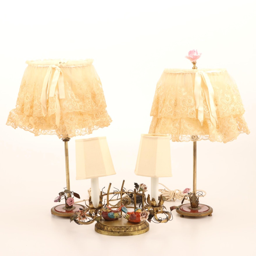 Italian Brass and Ceramic Decorative Lamp and Boudoir Lamps with Lacy Shades