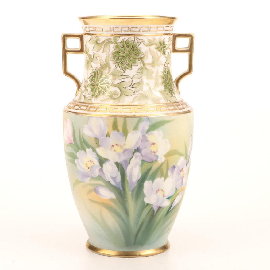 Morimura Brothers Nippon Hand-Painted Crocus and Floral Motif Porcelain Vase