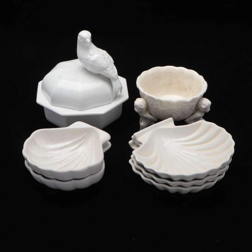 Italian and Other White Glazed Ceramic Shell-Shaped Dishes, Covered Jar and More