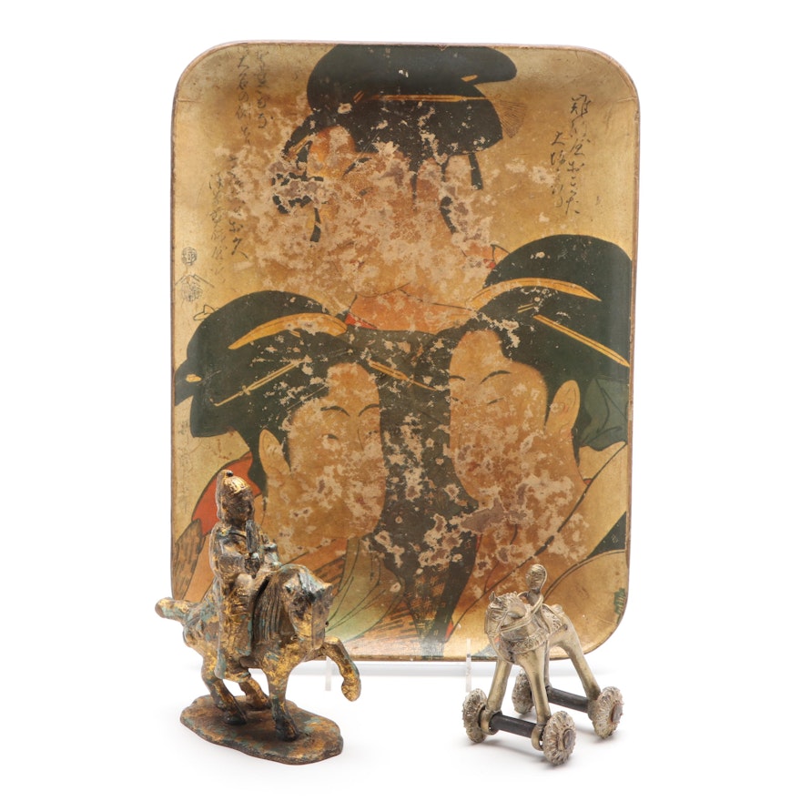 Indian and Chinese Brass Figurines and Serving Platter