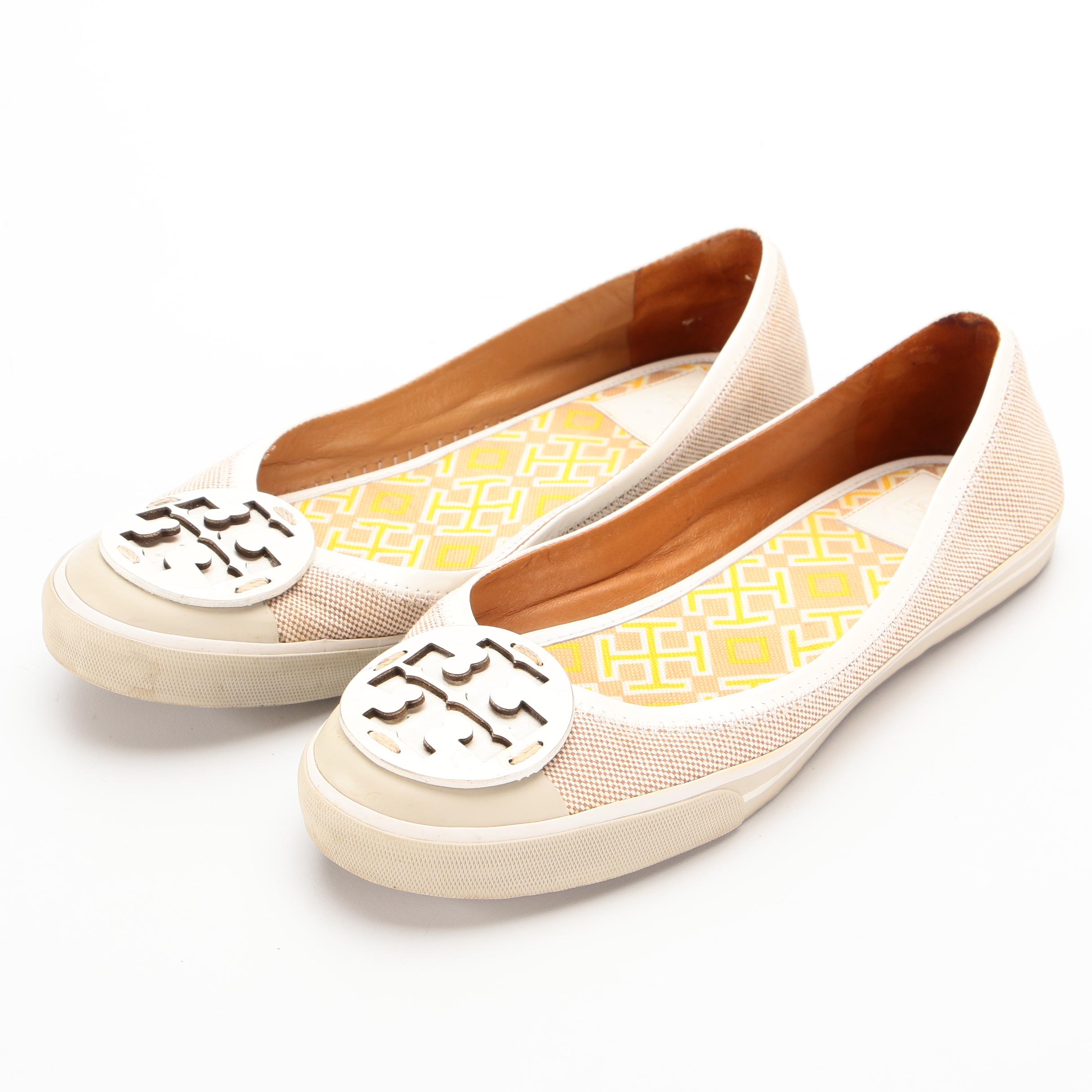 Tory Burch Minnie Logo Patent Leather and Canvas Ballet Flats