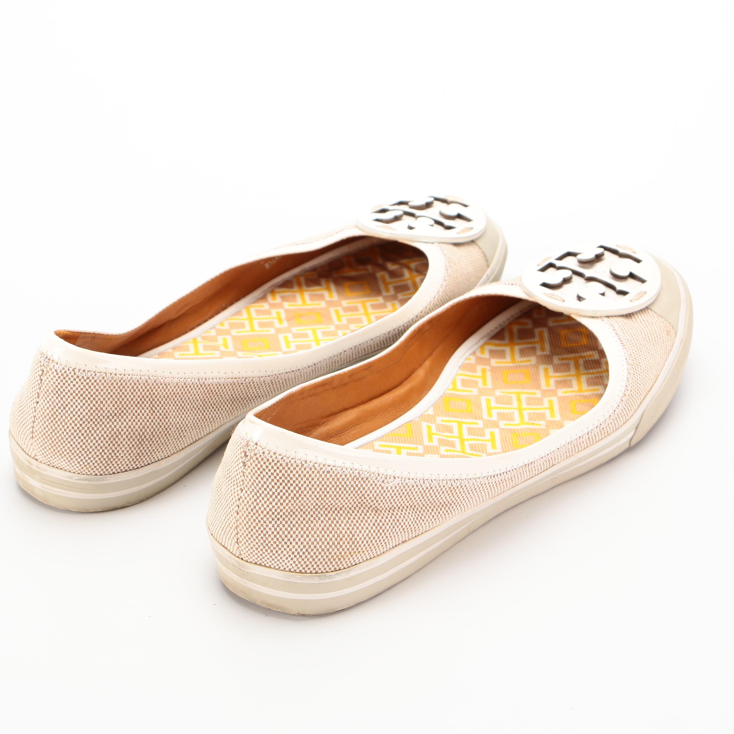 Tory Burch Minnie Logo Patent Leather and Canvas Ballet Flats