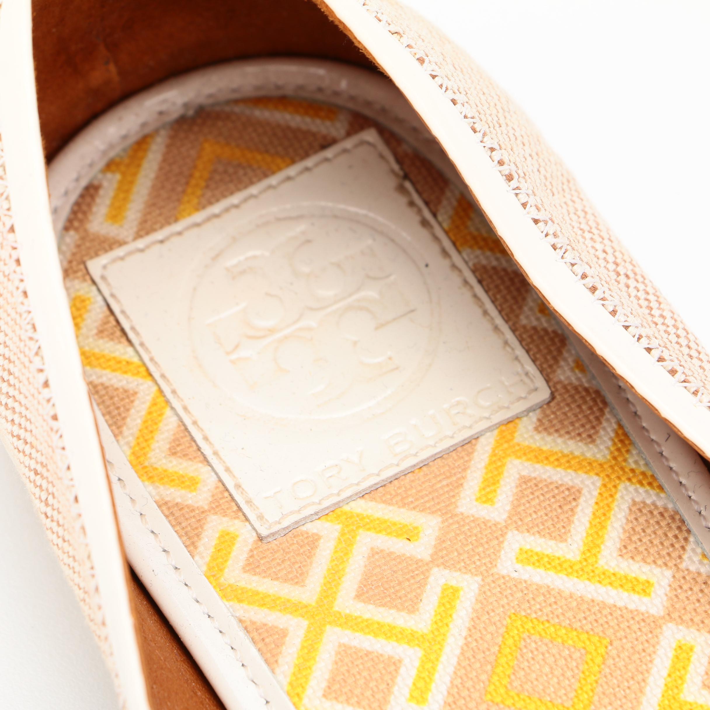 Tory Burch Minnie Logo Patent Leather and Canvas Ballet Flats
