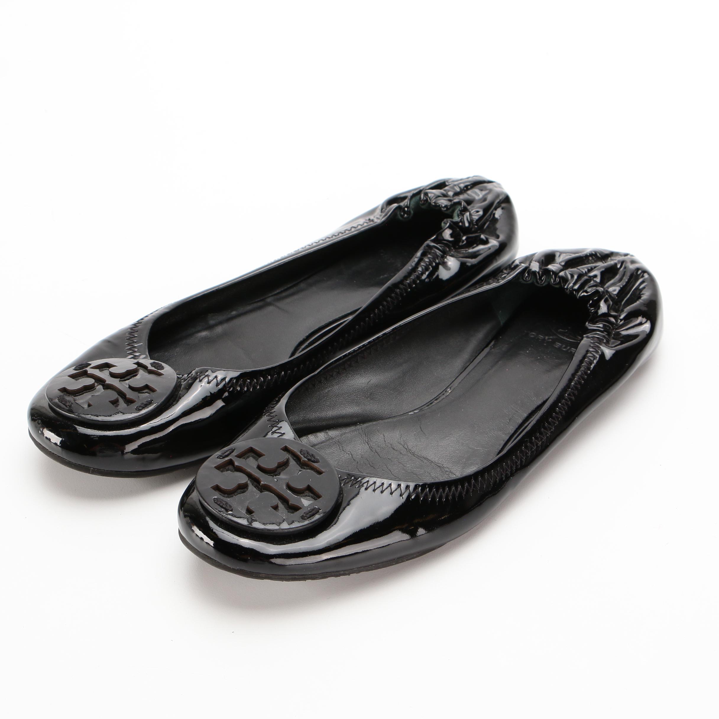 Tory Burch Minnie Logo Patent Leather and Canvas Ballet Flats