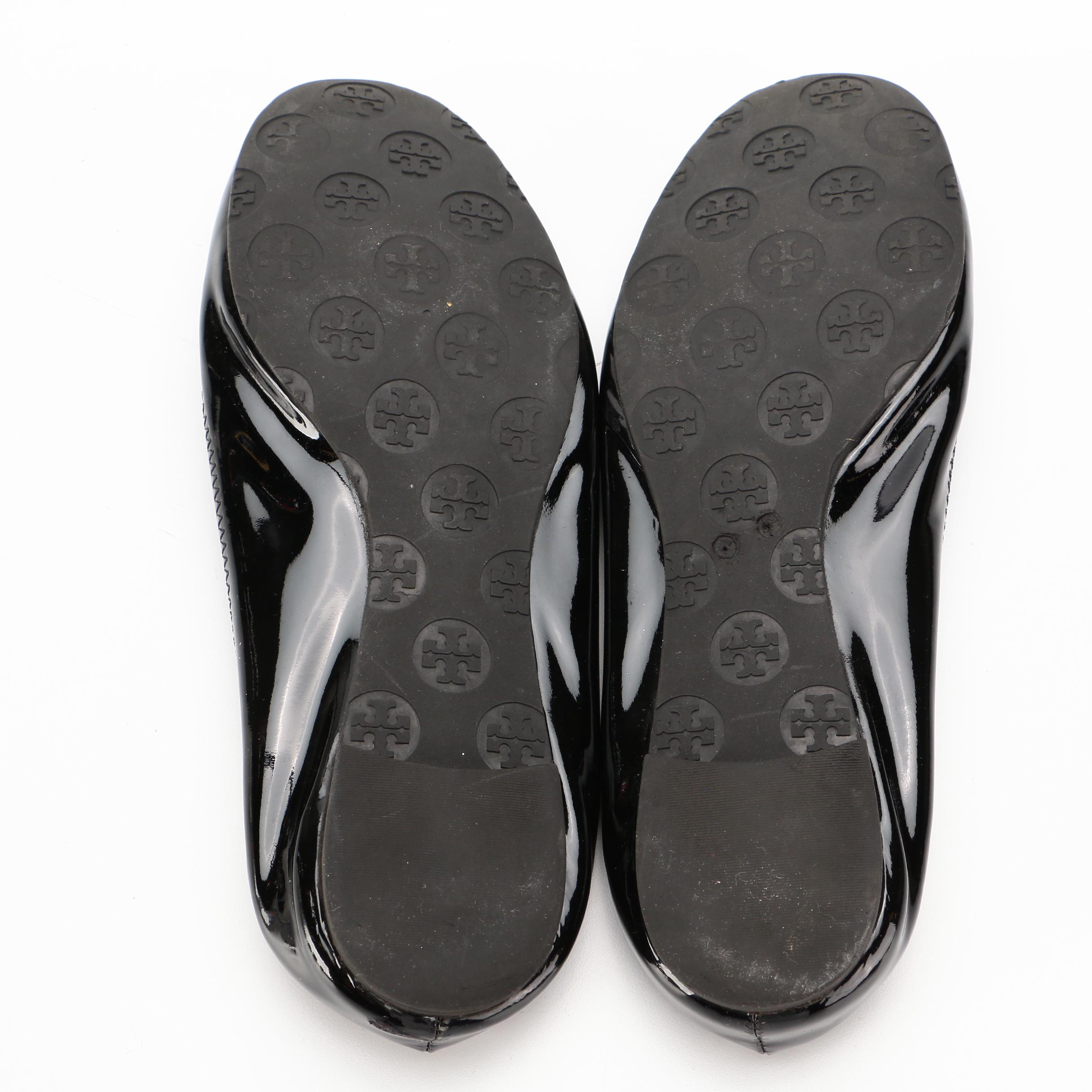 Tory Burch Minnie Logo Patent Leather and Canvas Ballet Flats