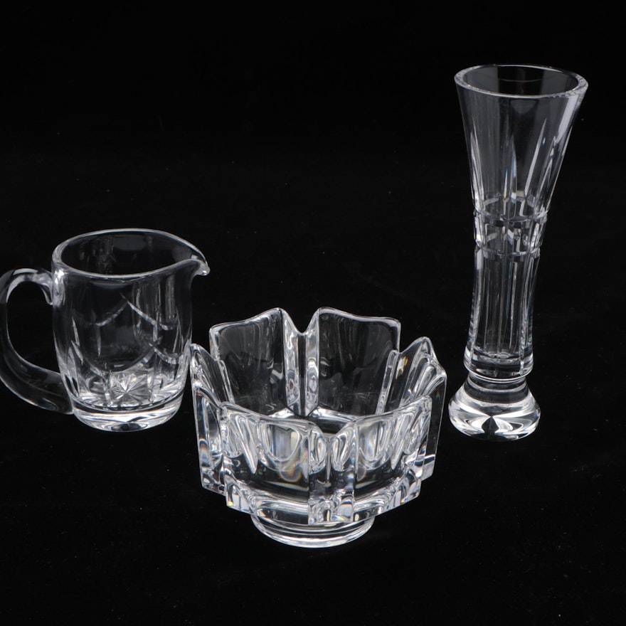 Orrefors Crystal Bowl with Other Crystal Vase and Cream Pitcher