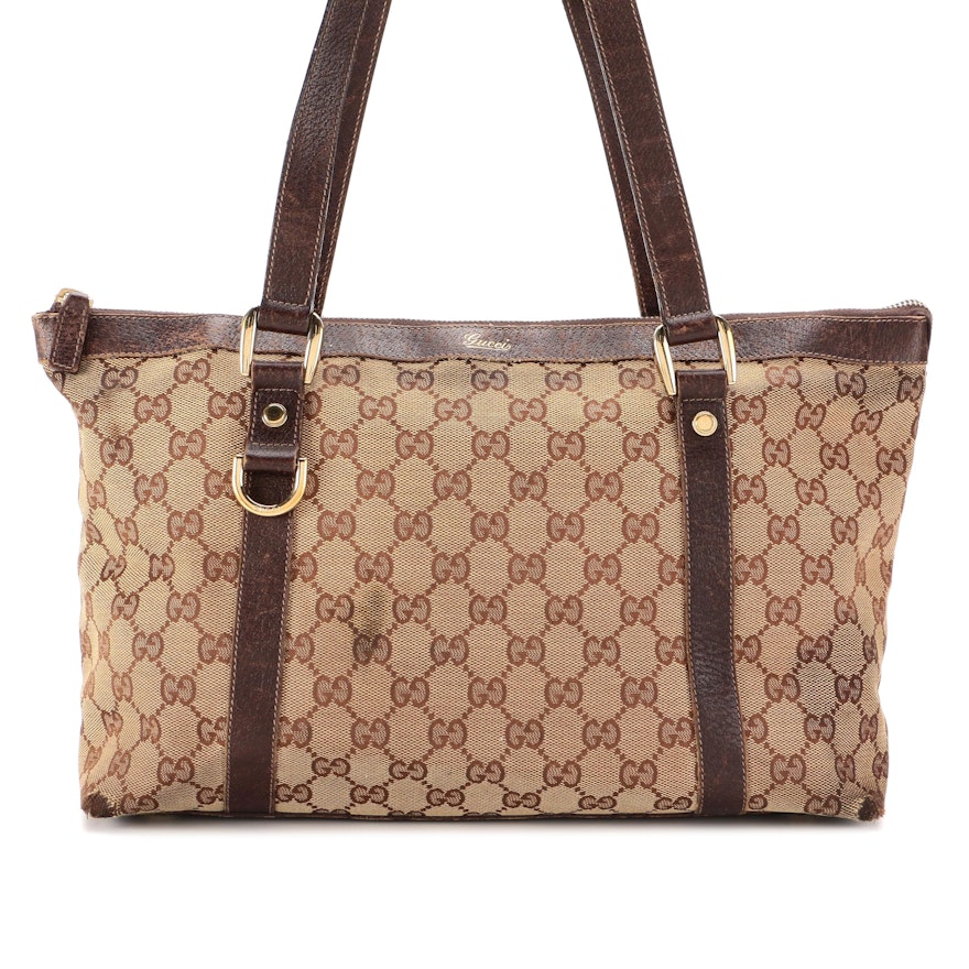 Gucci Abbey Tote Medium in GG Canvas and Brown Leather