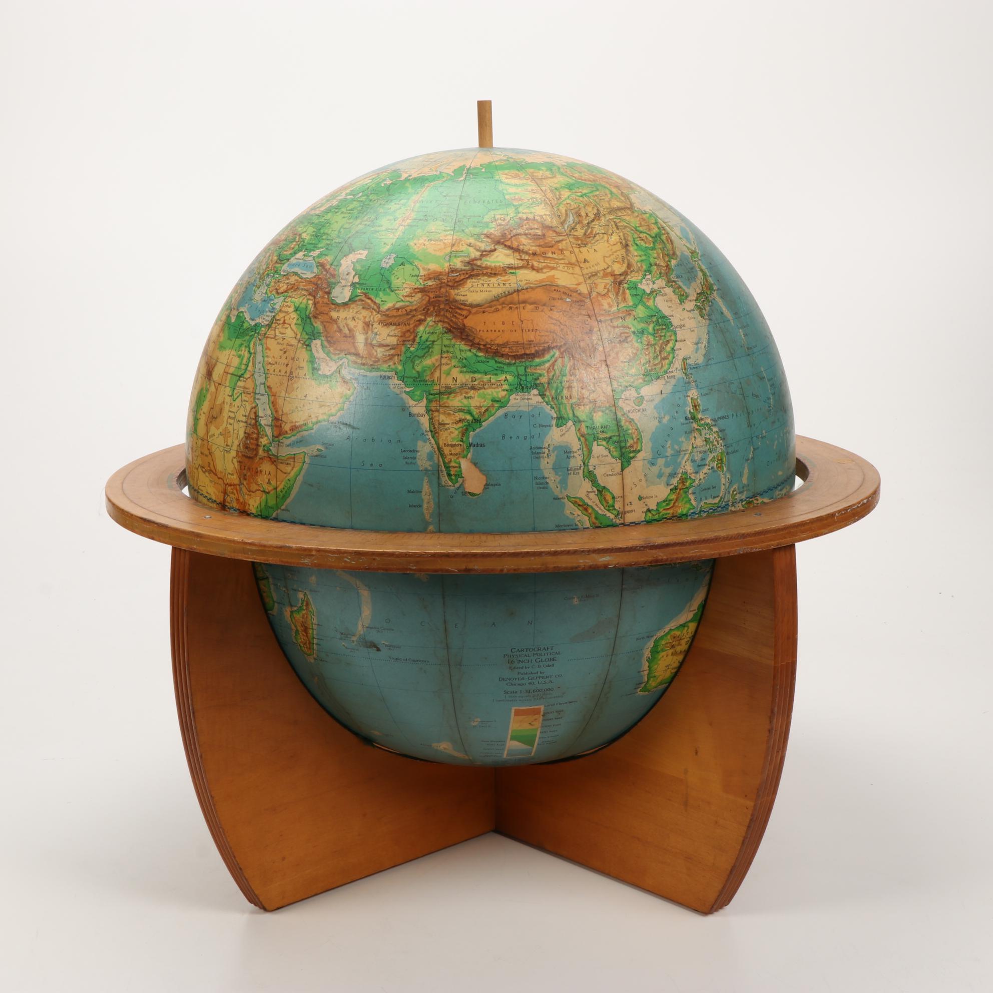 Cartocraft Physical-Political 16" Globe, Mid 20th Century