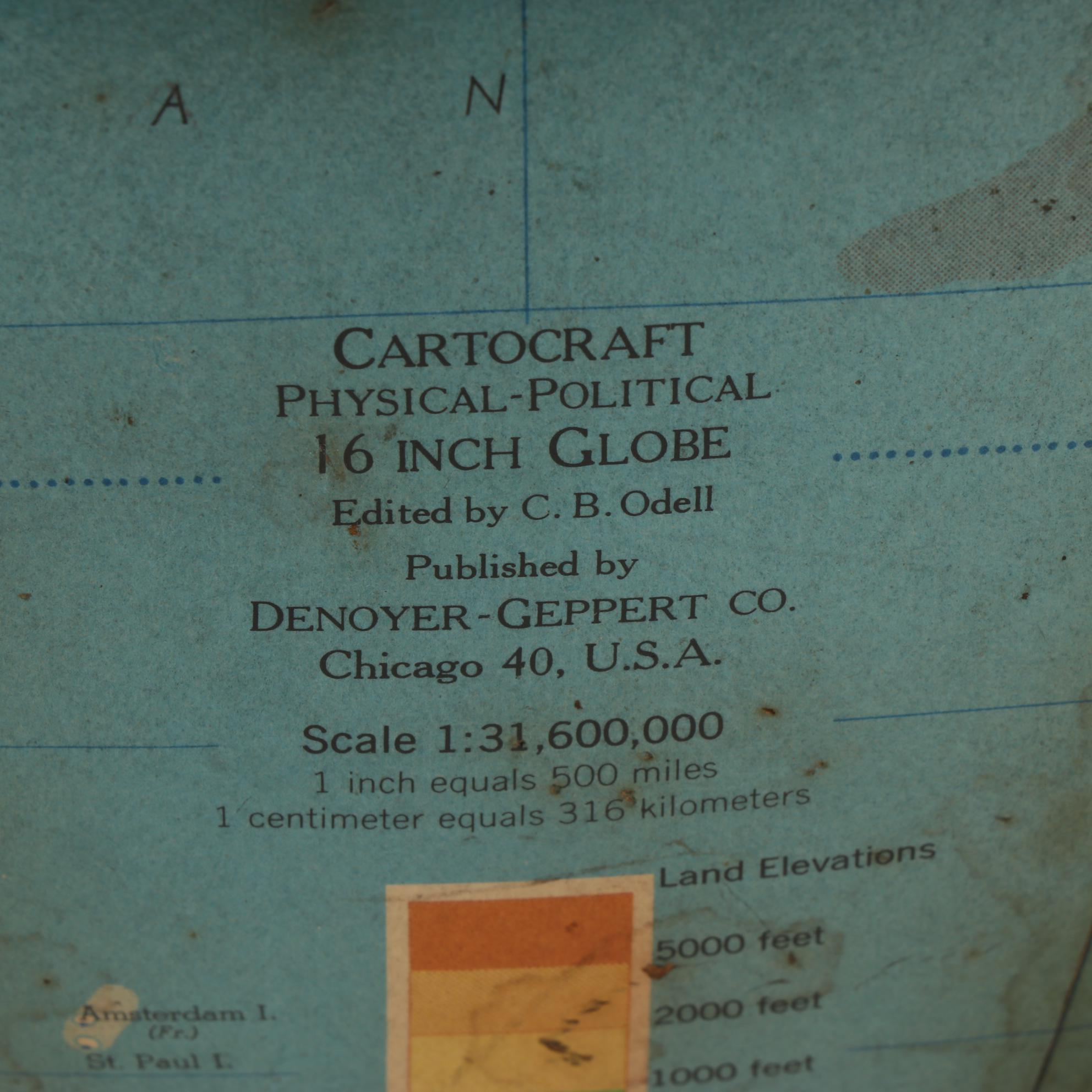 Cartocraft Physical-Political 16" Globe, Mid 20th Century