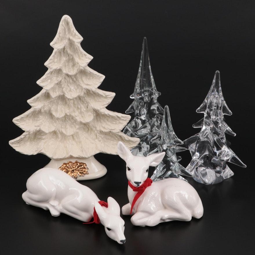 Nowell's Porcelain Christmas Tree Dish, Other Porcelain Deer, and Glass Trees