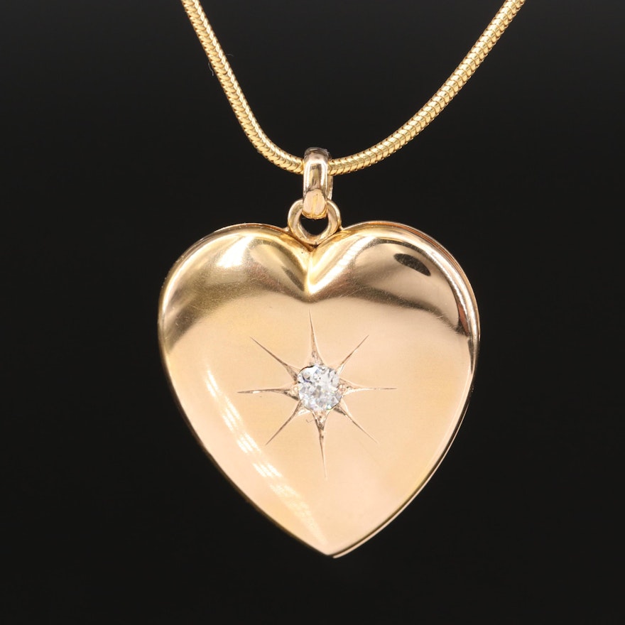 Antique 10K Diamond Heart Locket on 18K Snake Chain Necklace