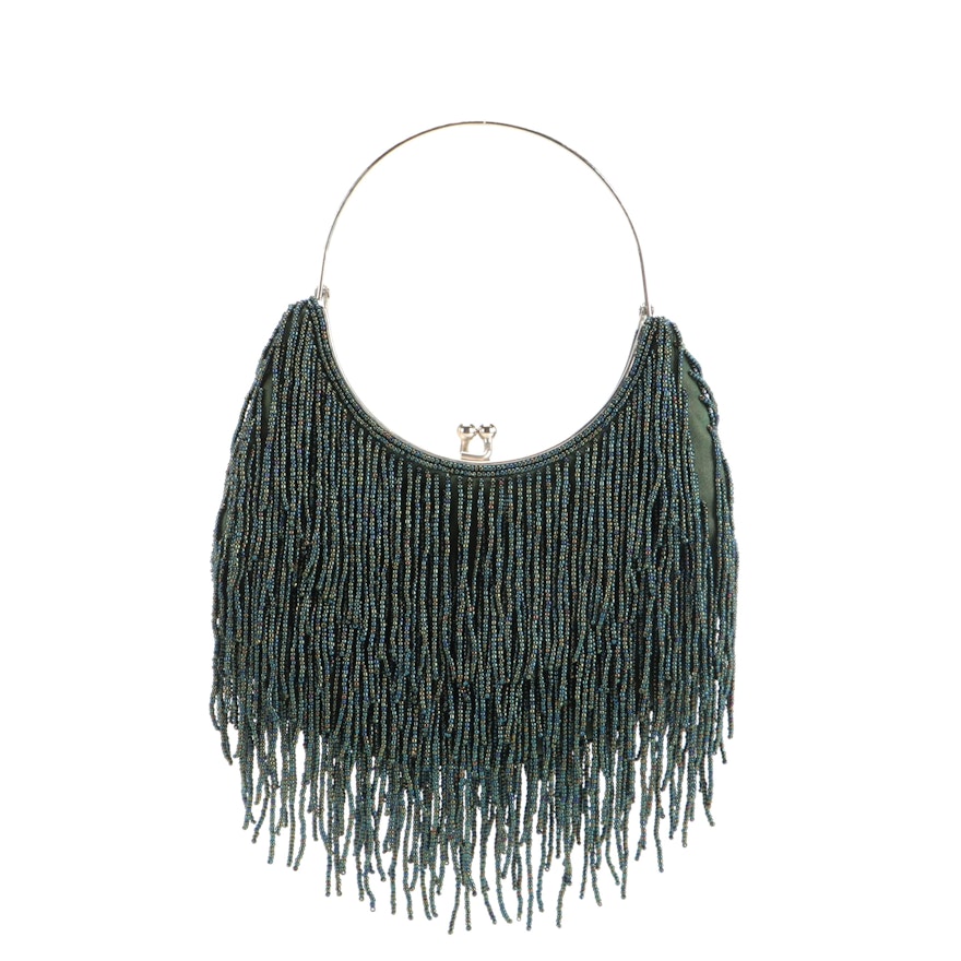 Carlisle Beaded Fringe Ring Frame Evening Bag with Kiss Lock Clasp