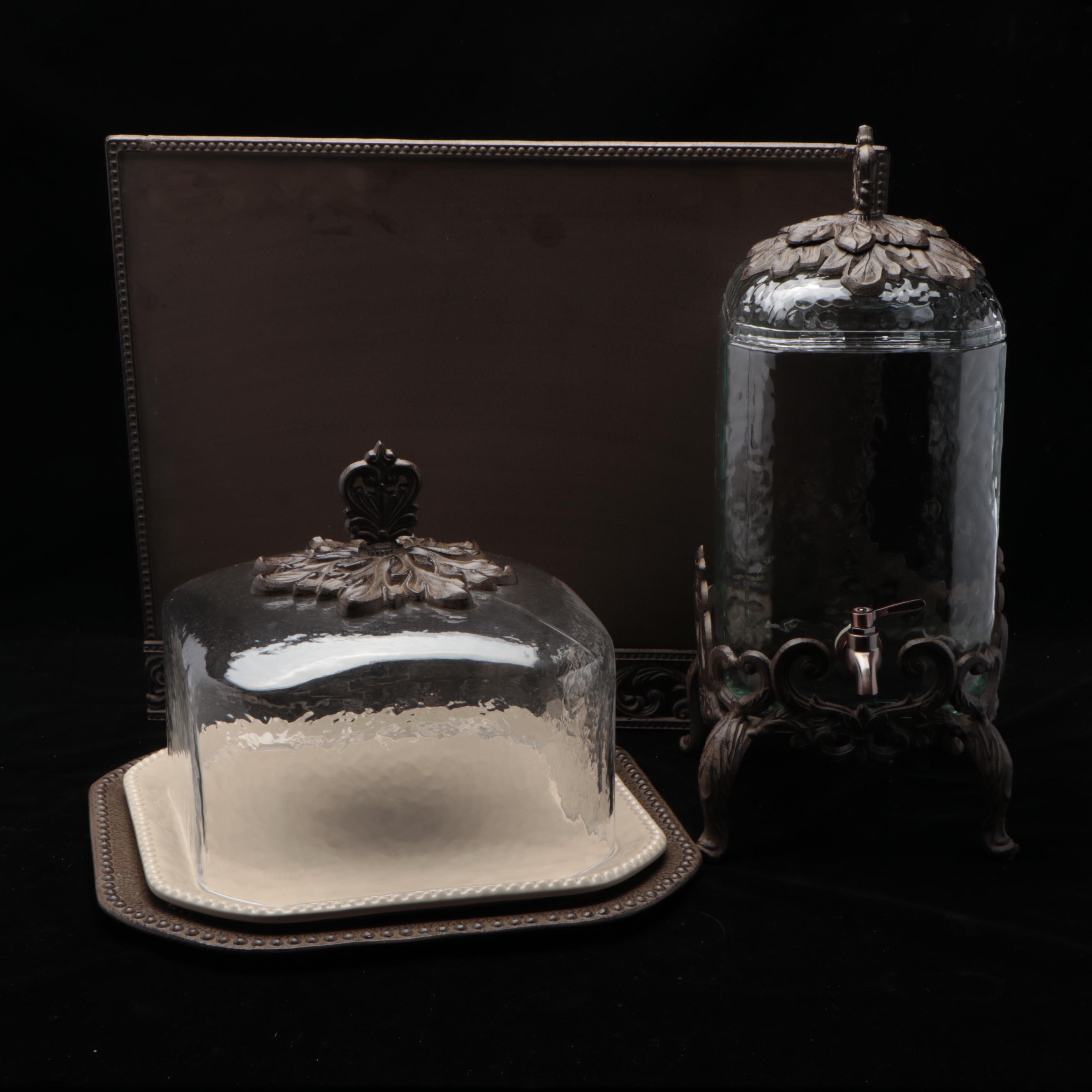 Gracious Goods Cast Iron and Glass Beverage Dispenser, Cake Plate, and Tray