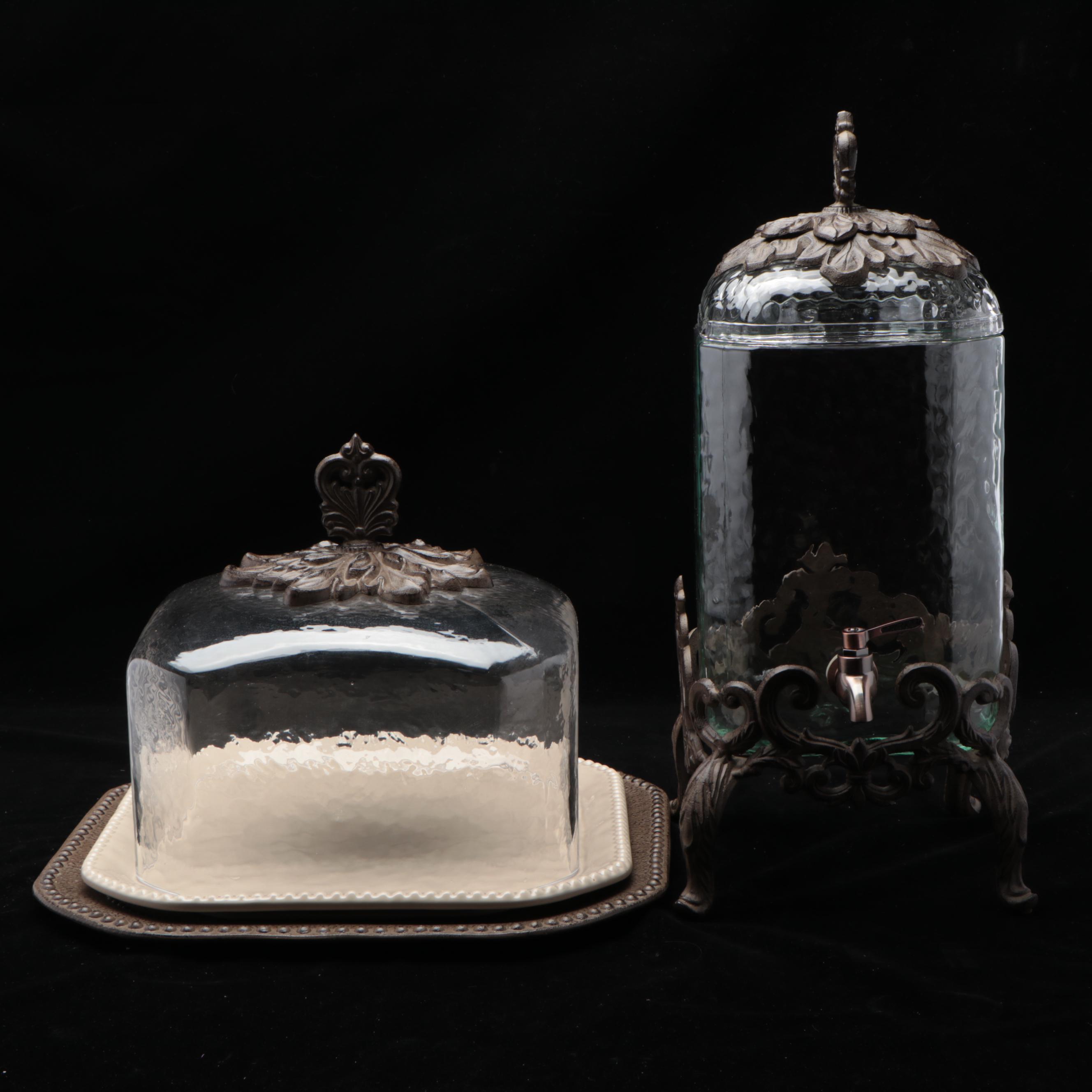 Gracious Goods Cast Iron and Glass Beverage Dispenser, Cake Plate, and Tray