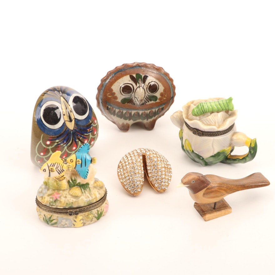 Mexican Pottery Owls, Trinket Boxes, Fortune Cookie, and Carved Wooden Bird