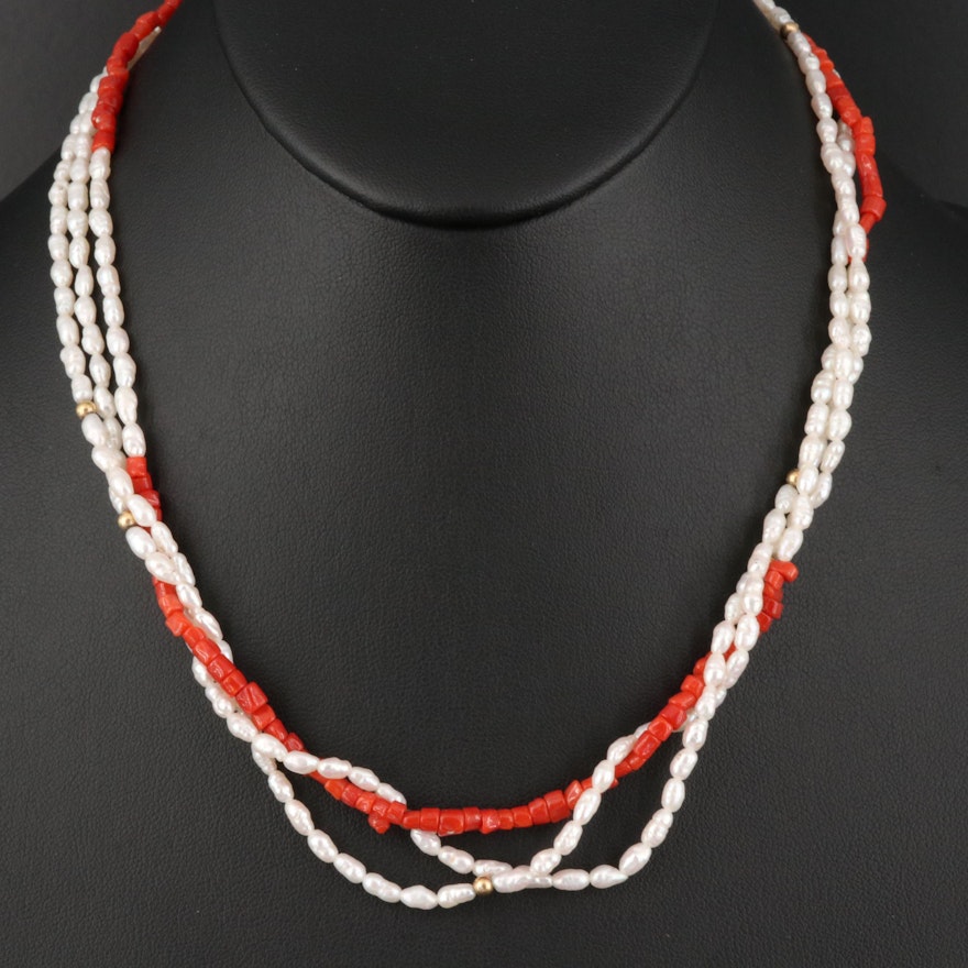 14K Coral and Pearl Bead Necklace