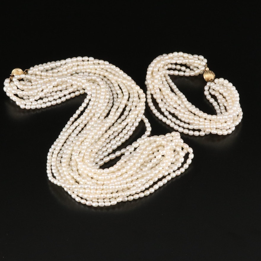 Pearl Torsade Necklace and Bracelet Set with 14K Clasps