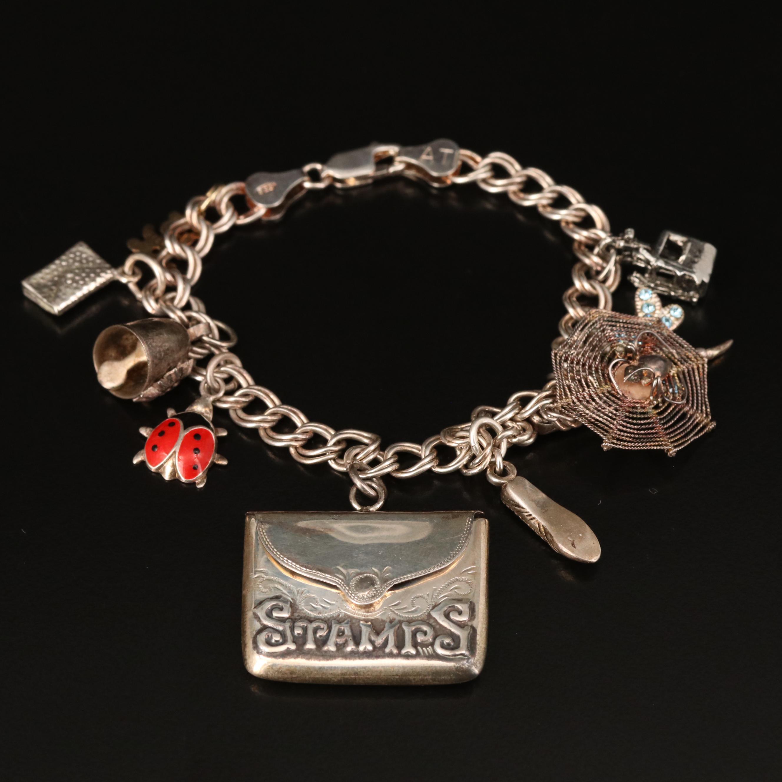 Sterling Silver Charm Bracelet Including Rhinestones and Enamel
