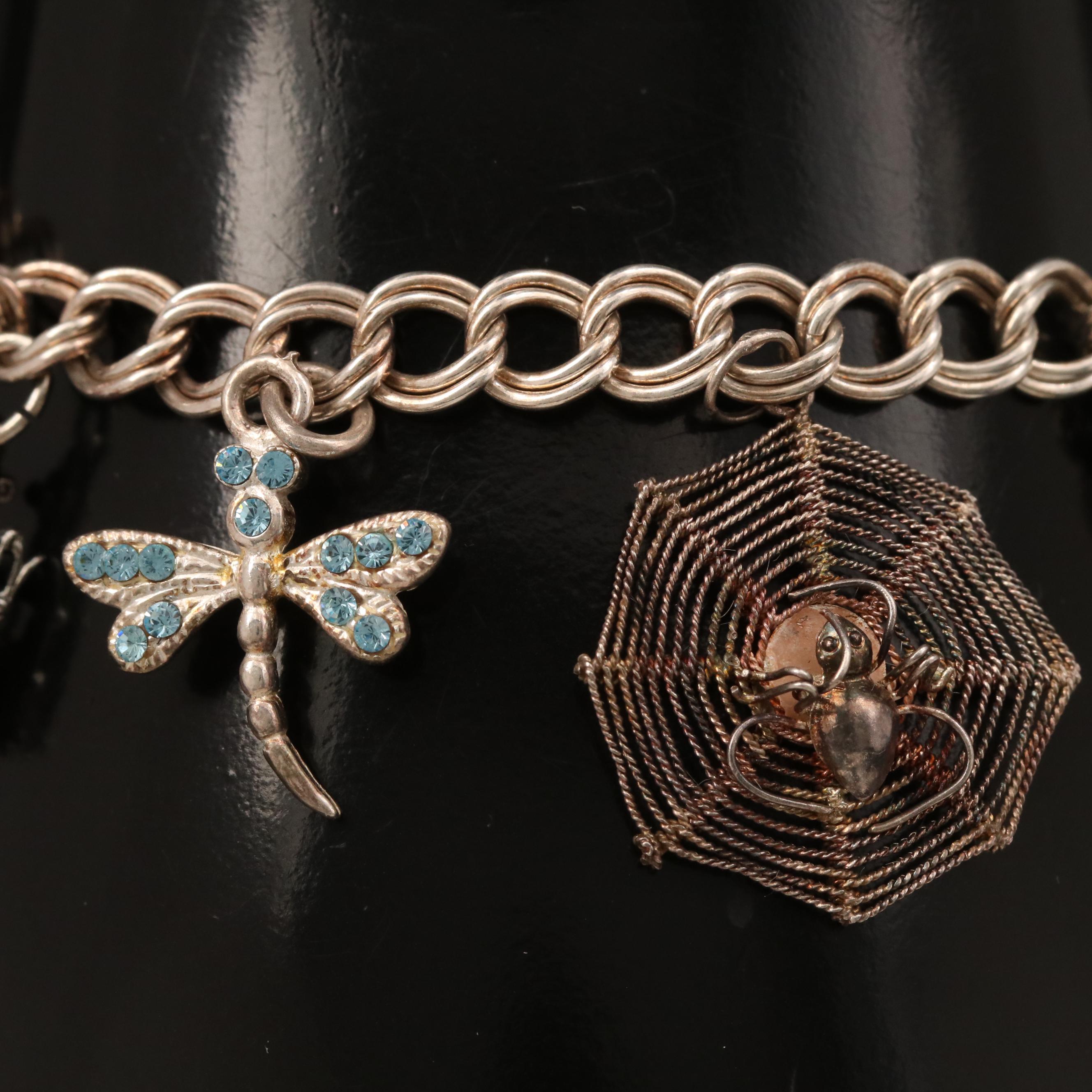 Sterling Silver Charm Bracelet Including Rhinestones and Enamel